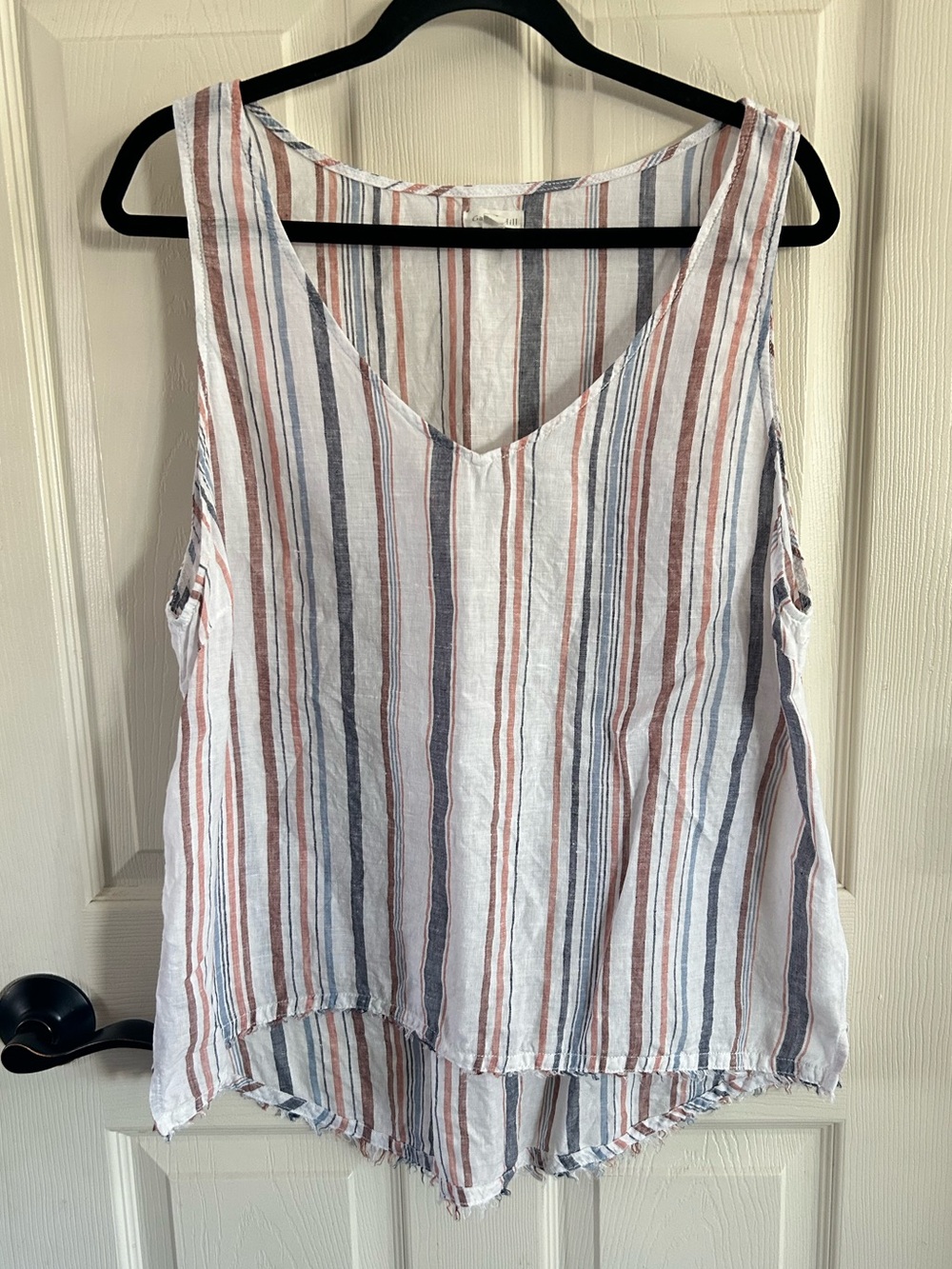 Garnet Hill White Linen Tank Top Blue Rust Orange Stripes Sz 18 Raw Hem Summer